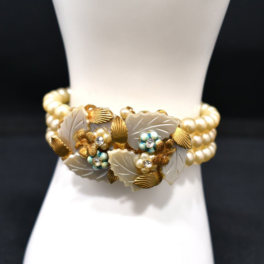 Vintage Faux Pearl Memory Wire Bracelet, Hand Carved Leaves, 1960s